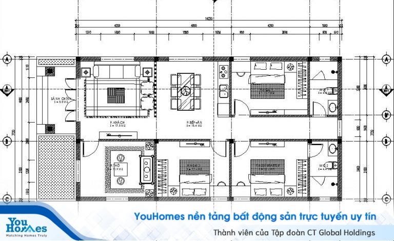 Bản vẽ thiết kế mẫu nhà cấp 4 mái thái 6x12m ở nông thôn 3 phòng ngủ - 600 triệu đồng.