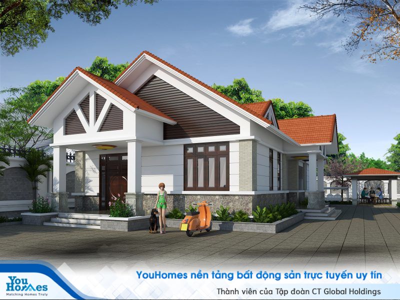 Phối cảnh tổng thể mẫu nhà cấp 4 mái thái 100m2 – 3 phòng ngủ - 700 triệu đồng.