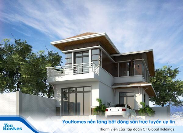 Nhà 2 tầng hình chữ L với thiết kế đơn giản giúp tiết kiệm chi phí.