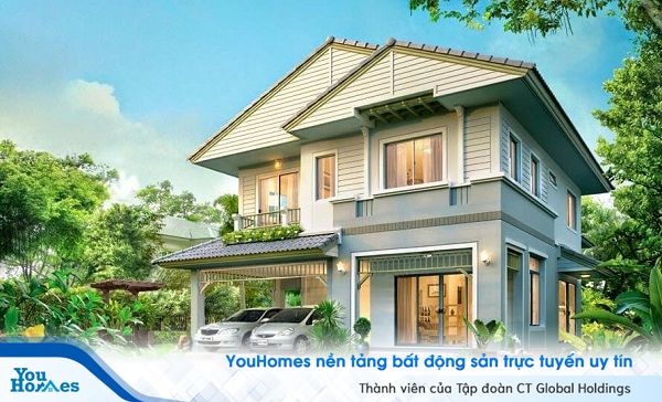Mẫu nhà vuông 2 tầng mái thái hiện đại.