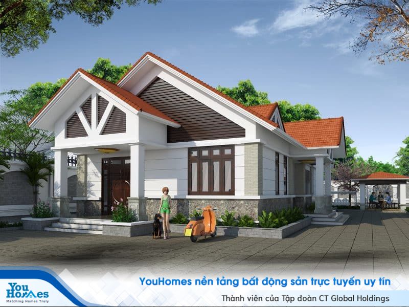 Nhà 1 tầng với khoảng sân gạch với những chậu cây gọn gàng, sạch sẽ giúp người sử dụng có được không gian thư giãn tốt nhất.