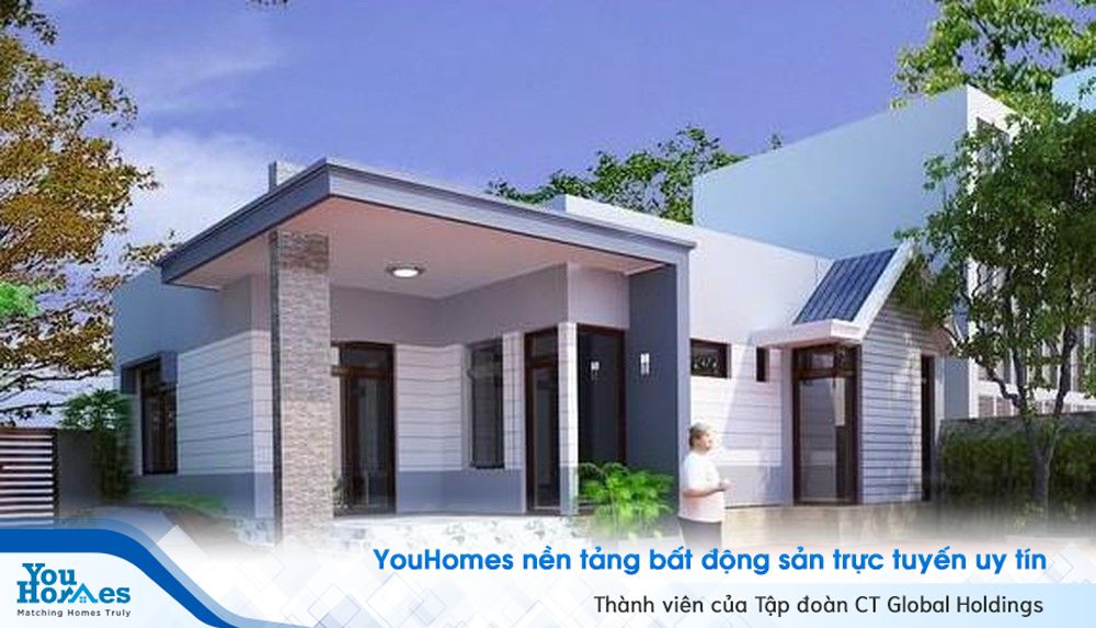 Mẫu nhà 1 tầng phong cách hiện đại với một phần sân trước nhà để tận dụng làm nơi để xe cộ tiện lợi.