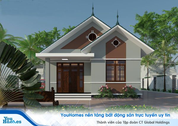 Nhà 1 tầng mái thái nhỏ gọn với tông màu trầm phù hợp với những người trung niên ở vùng thôn quê. 
