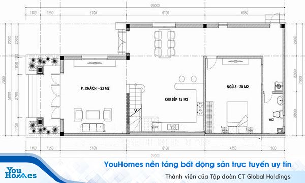 Mặt bằng công năng mẫu nhà cấp 4 có gác lửng 5x15m 600 triệu đồng.