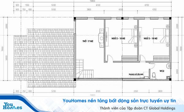 Mặt bằng công năng mẫu nhà cấp 4 có gác lửng 5x15m 600 triệu đồng.