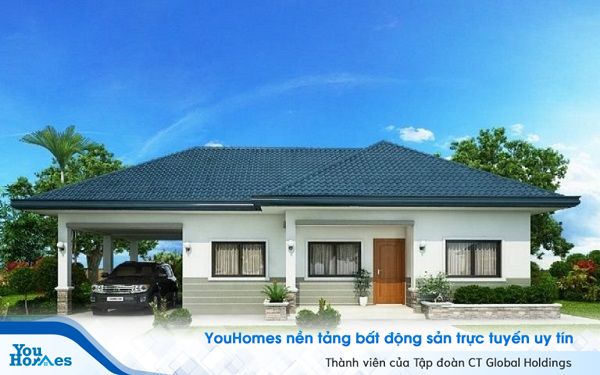 Phối cảnh tổng thể mẫu nhà cấp 4 mái thái có gara ô tô.