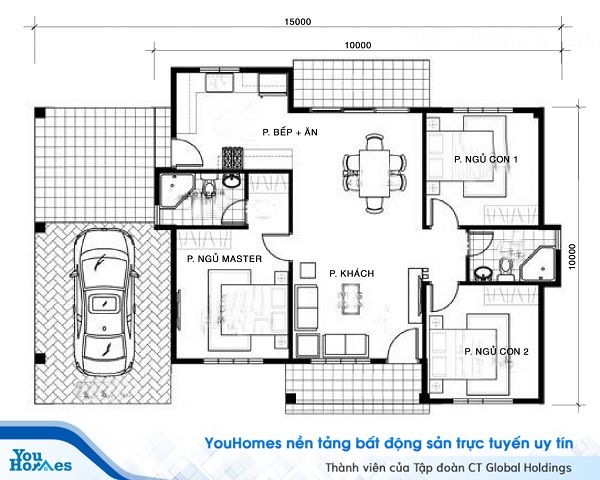 Mặt bằng công năng mẫu nhà cấp 4 mái thái có gara ô tô.
