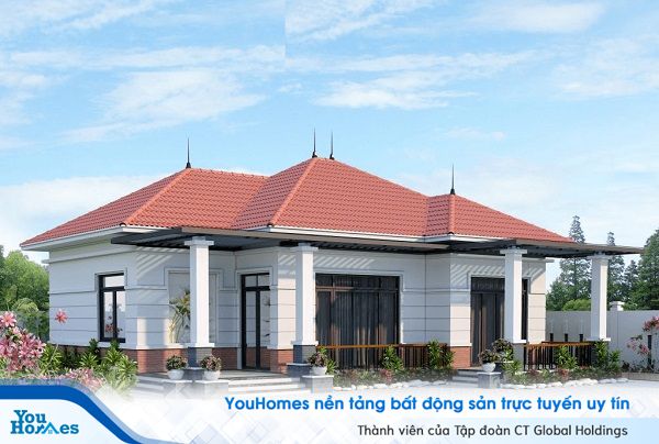 Phối cảnh tổng thể mẫu nhà cấp 4 mái thái nông thôn đẹp.