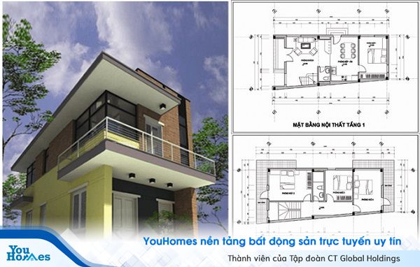 Với khuôn viên tầng 1 nhà 2 tầng 100 m2 có thể bố trí phòng khách – phòng ăn – nhà bếp và phòng ngủ ở phía trong cùng.