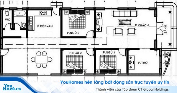 Mặt bằng công năng mẫu nhà cấp 4 mái thái 3 phòng ngủ giá rẻ.
