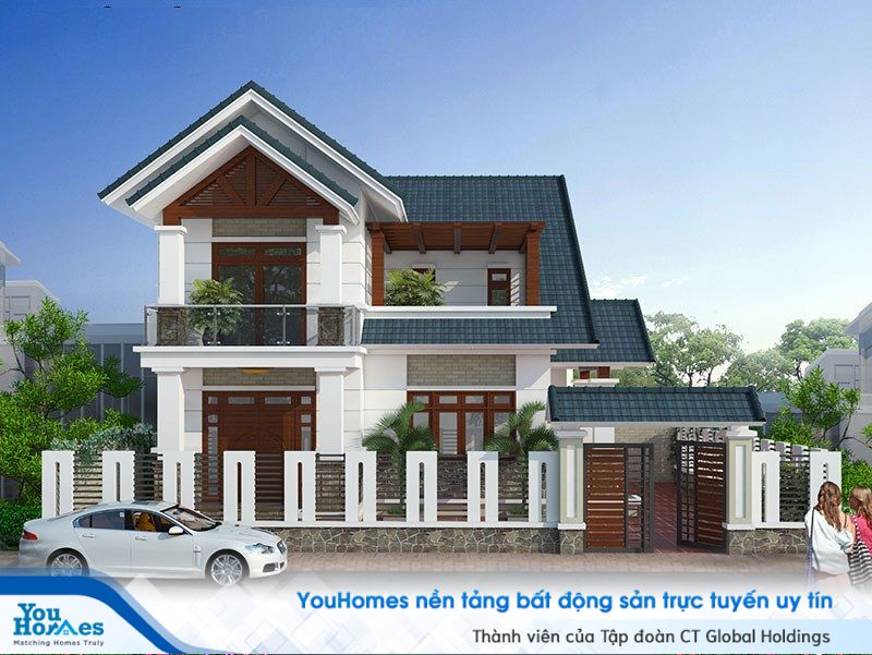 Mẫu nhà 2 tầng với thiết kế ban công vừa sáng tạo vừa hợp lý. 