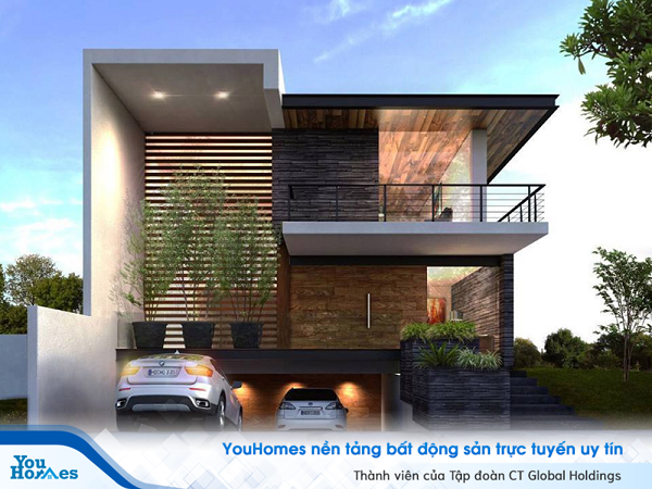 Mẫu nhà mái bằng 2 tầng thường được thiết kế thêm tầng hầm dùng làm gara ô tô.