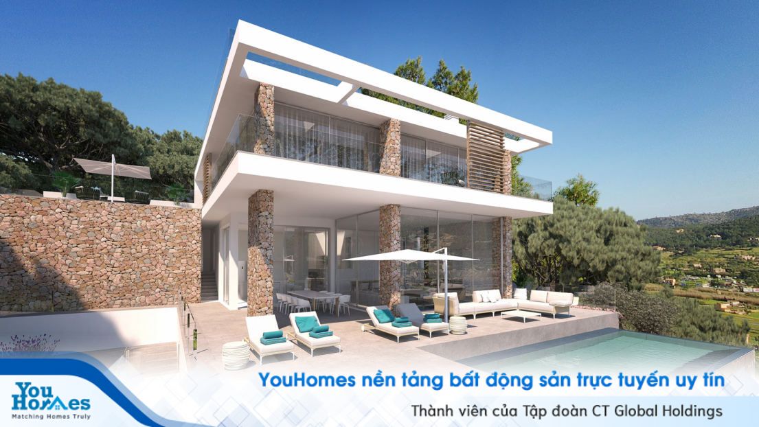 Thiết kế với sự ghép nối từ đá tự nhiên giúp đem lại chất riêng cho ngôi nhà 2 tầng 3 phòng ngủ.