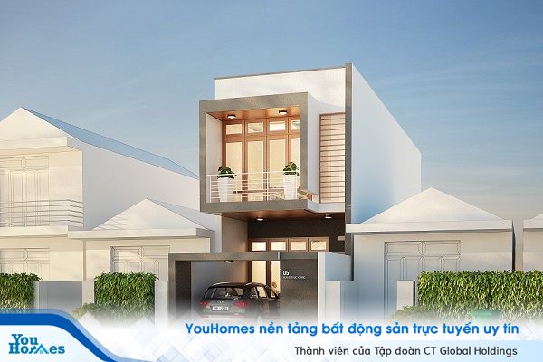 Mẫu nhà 2 tầng 3 phòng ngủ nhỏ goj với phần sân nhà được tận dụng làm nơi đỗ ô tô. 
