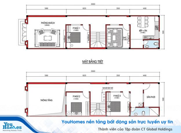 Mẫu nhà 2 tầng với phòng khách rộng và trần cao. 