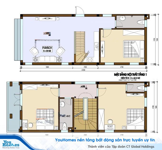 Bản vẽ thiết kế bên trong nhà 2 tầng với cách bố trí truyền thống khá phổ biến. 