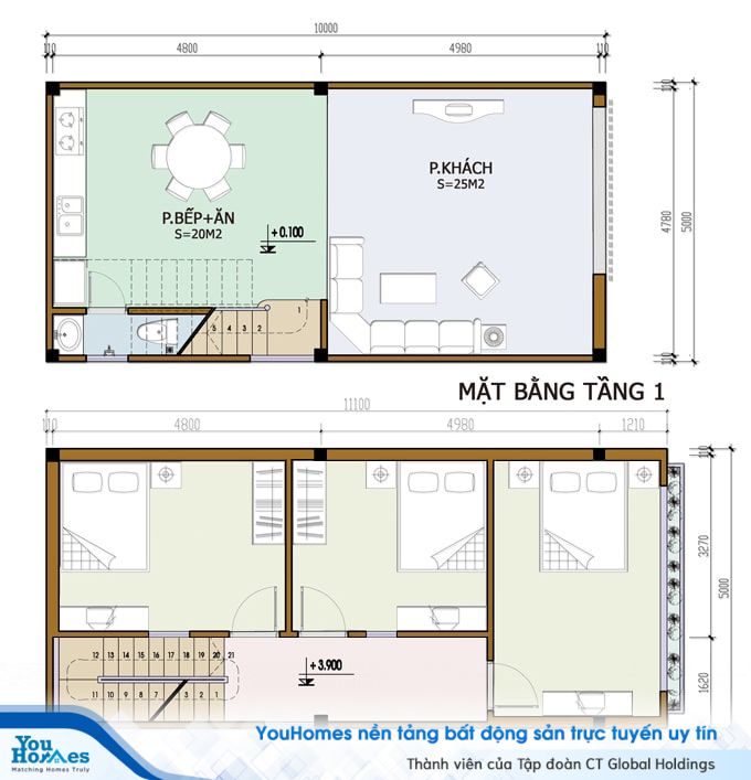 Bản vẽ nhà 2 tầng với cả 3 phòng ngủ nằm trên tầng 2. 