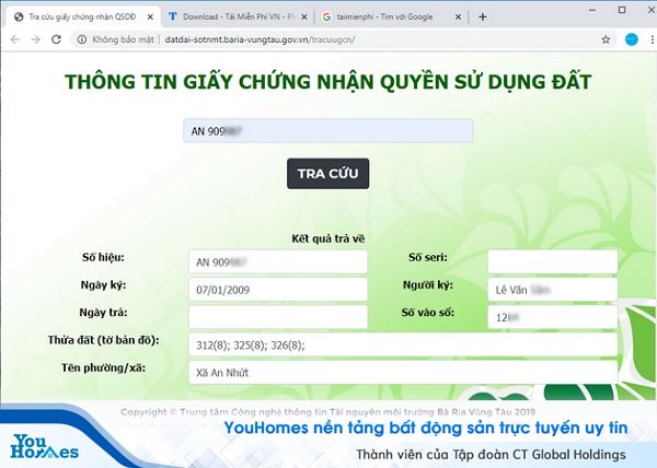 Kết quả tra cứu thông tin sổ hồng online.