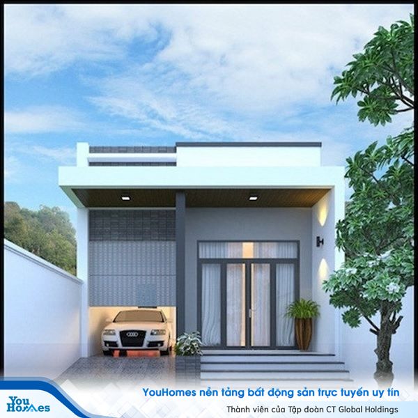 Mẫu nhà cấp 4 mái bằng ở nông thôn thiết kế gam màu trung tính sang trọng, gara ô tô được thiết kế cửa cuốn thuận tiện cho việc cất giữ xe ô tô.
