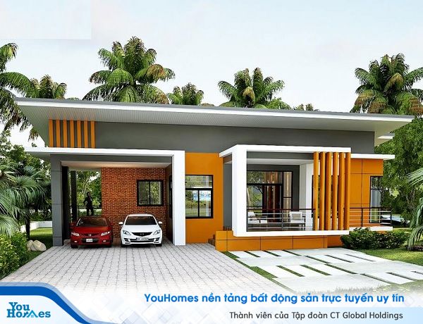 Thiết kế mở cùng với sự kết hợp giữa màu trắng- cam mang giúp ngôi nhà cấp 4 mái bằng ở nông thôn một màu sắc riêng, thu hút mọi ánh nhìn.