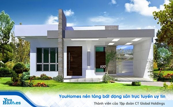 Mẫu nhà cấp 4 mái bằng ở nông thôn có khoảng sân xanh tươi với những bông hoa nhiều màu sắc bắt mắt.