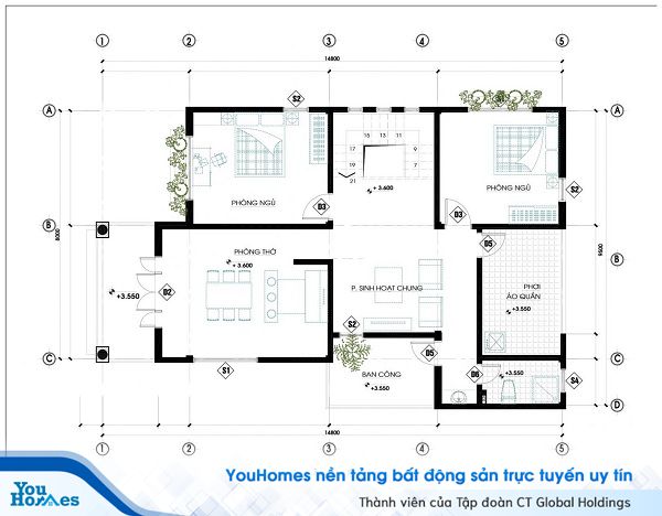 Bản vẽ thiết kế tầng 2 của ngôi nhà.
