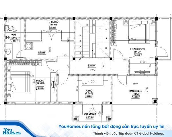 Bản thiết kế tầng 2 mẫu nhà 2 tầng 4 phòng ngủ tiện nghi.