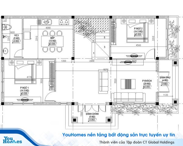 Tầng 1 được thiết kế với đầy đủ các công năng cần thiết như phòng ăn, 2 phòng ngủ, 1 phòng vệ sinh.