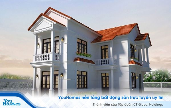 Mẫu nhà 2 tầng nông thôn với hệ mái đỏ nổi bật mang đậm phong cách truyền thống của làng quê Việt Nam.