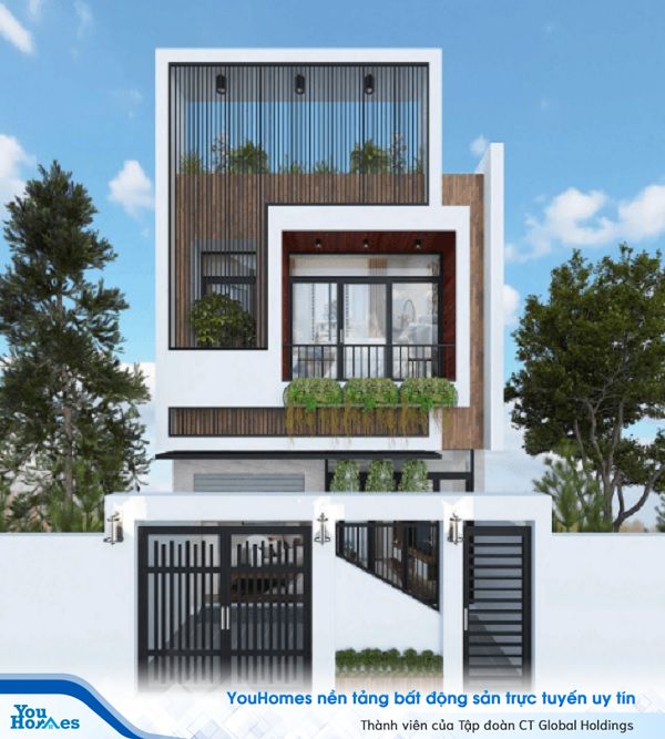 Mẫu nhà ống 2 tầng ở nông thôn có mặt tiền ấn tượng.