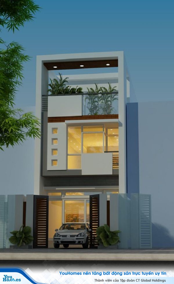 Mẫu nhà ống 2 tầng ở nông thôn mái bắng có sân thượng thoáng mát có thể tận dụng để phơi quần áo hoặc trồng cây cảnh, rau xanh tiện lợi.