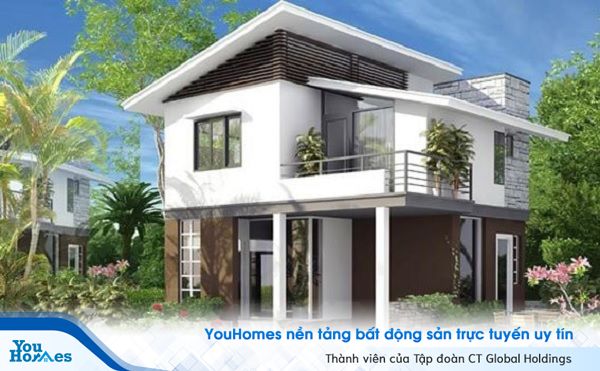 Mẫu nhà vườn 2 tầng mái chéo hiện đại.