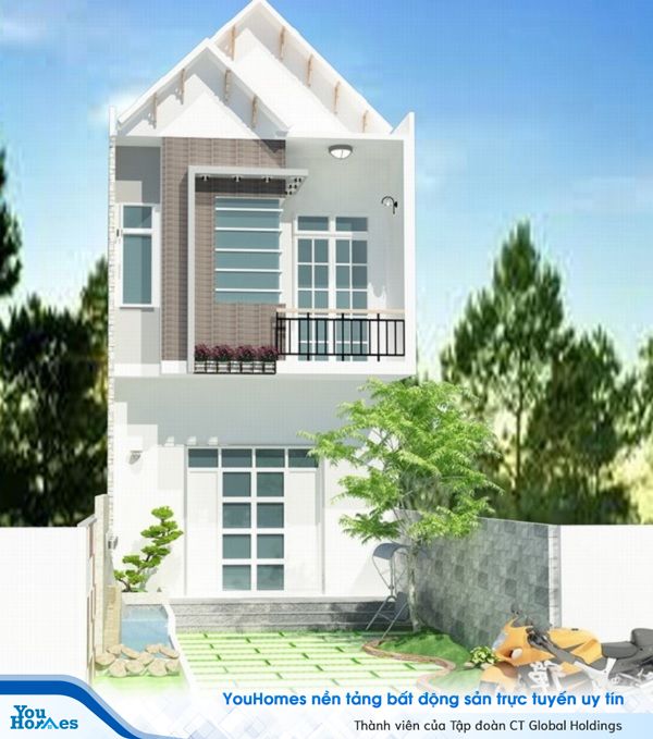 Ban công ốp đá màu nâu nhạt nổi bật trên nền sơn trắng tươi sáng. Nếu bạn ưa thích sự nhẹ nhàng, hiện đại thì chắc chắn bạn sẽ bị thu hút từ những ánh nhìn đầu tiên của mẫu nhà ống 2 tầng ở nông thôn này.