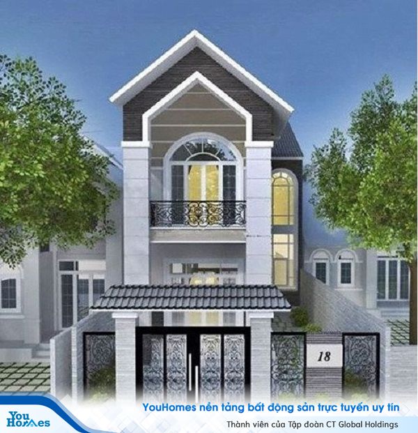 Mẫu thiết kế nhà ống 2 tầng ở nông thôn mái thái kết hợp họa tiết hoa văn độc đáo.