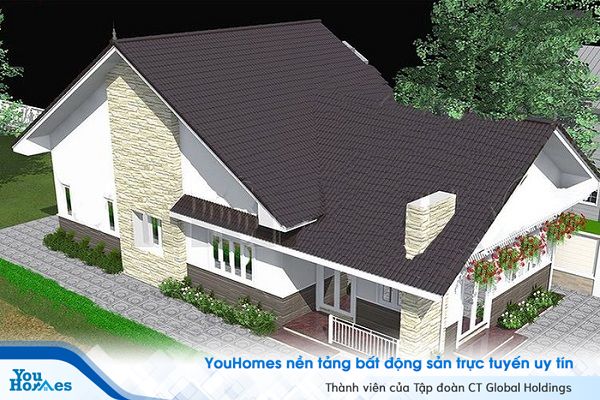 Mẫu nhà cấp 4 3 phòng ngủ được thiết kế theo phong cách hiện đại kết hợp với hệ mái thái dốc giật cấp và được trang trí xen kẽ những cây hoa nhỏ sinh động.