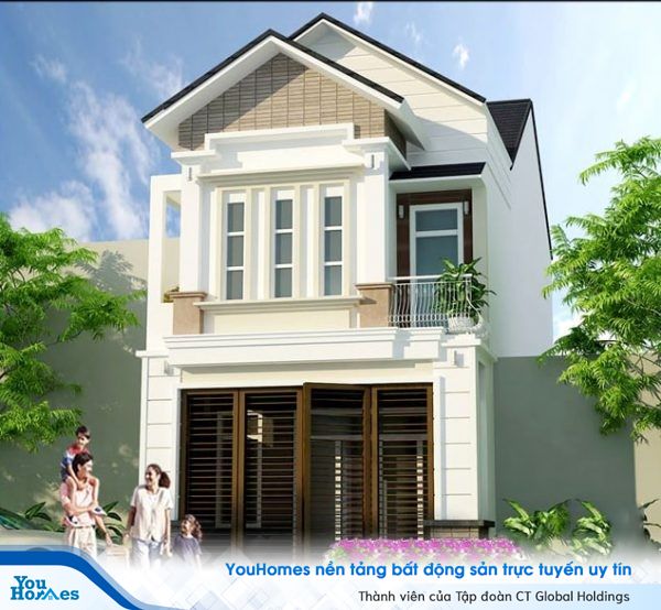 Mẫu nhà ống 2 tầng với gam màu trung tính hiện đại.