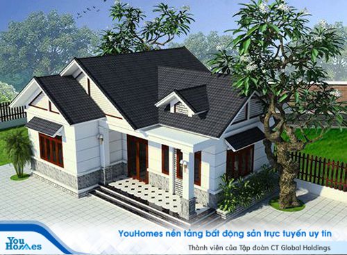 Phần hiên nhà của mẫu nhà cấp 4 chữ L nông thôn giúp tổng thể trở nên vuông vắn hơn.