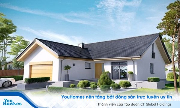 Mẫu nhà cấp 4 chữ L nhỏ nhắn nhưng cũng không kém phàn tiện dụng và tinh tế với gara ô tô trước nhà.