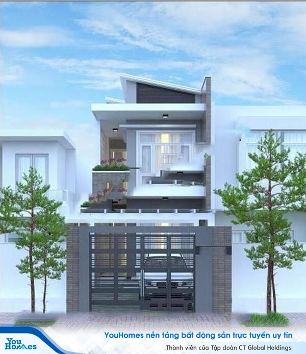 Mẫu nhà 2 tầng thiết kế phần sân rộng có thể để ô tô tiện lợi được bảo vệ bởi cánh cổng lớn chắc chắn. Ban công nhỏ tầng 2 giúp gia chủ có thể tận hưởng không gian trong lành xung quanh ngôi nhà.