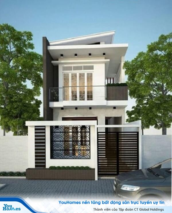 Mẫu nhà 2 tầng được trang trí bằng những họa tiết hoa văn bắt mắt.