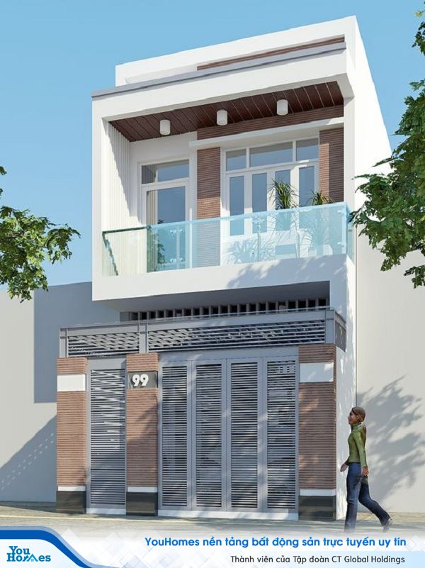 Mẫu nhà 2 tầng với tông màu trắng tươi sáng.