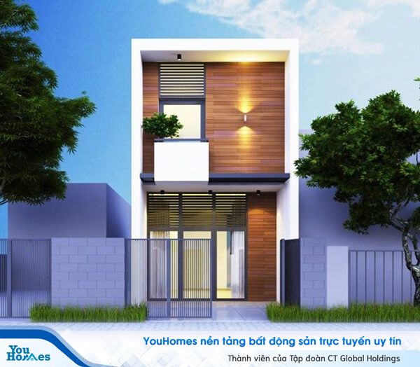 Mặt tiền ấn tượng với bức tường sử dụng chất liệu gỗ.