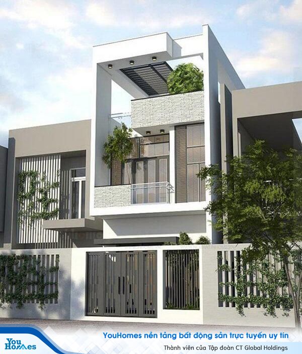 Mái che thiết kế ấn tượng của mấu nhà 2 tầng hiện đại.