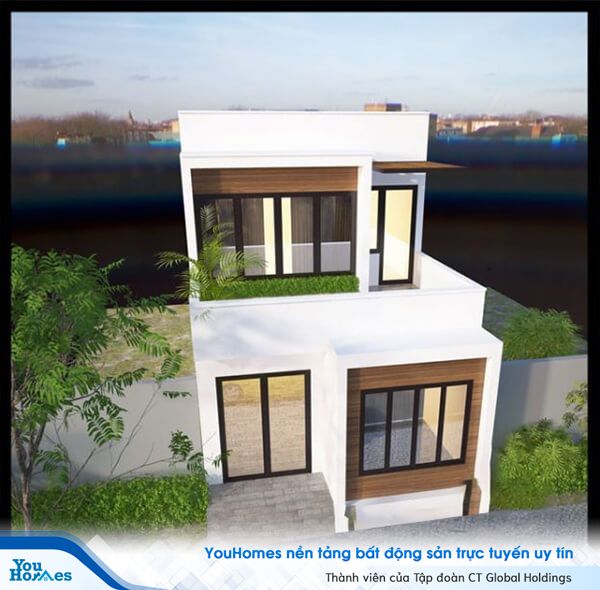 Mẫu nhà 2 tầng mặt tiền 6m thiết kế mái bằng đơn giản.