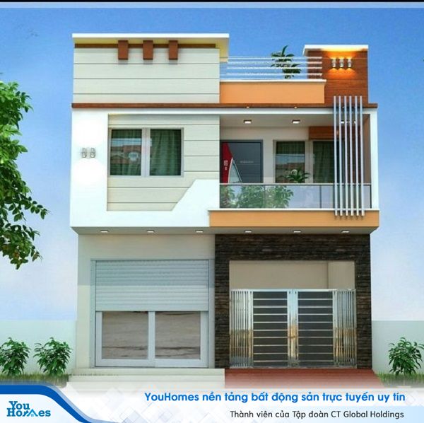 Họa tiết thanh lam tạo điểm nhấn cho ngôi nhà, tăng hiệu ứng về chiều cao của ngôi nhà.