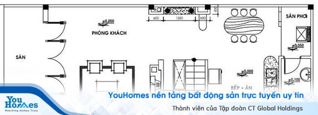 Thiết kế mặt bằng tầng 1 của nhà ống cấp 4 5x15 có gác lửng.