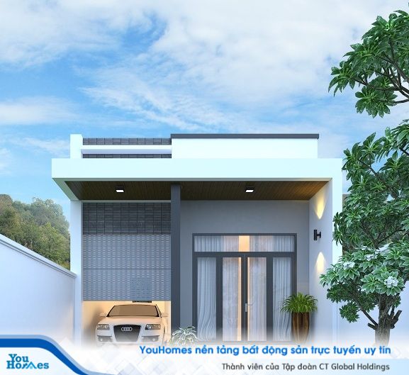 Mẫu nhà ống cấp 4 5x15 có gác lửng với gara ô tô nhỏ gọn bên hông.