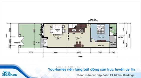 Bản thiết kế mặt bằng nội thất tầng 1 của nhà ống cấp 4 5x15 có gác lửng.