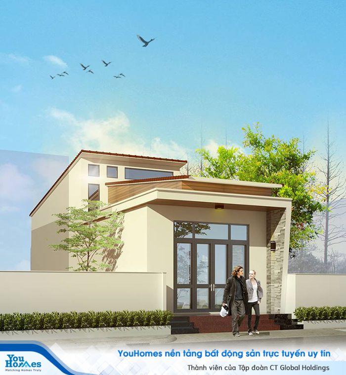 Mẫu nhà ống cấp 4 có gác lửng với tông màu ám áp. 