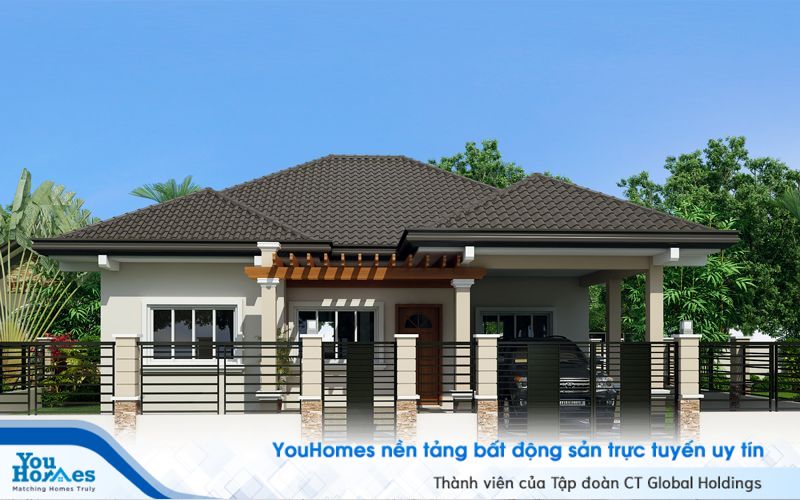 Mẫu nhà cấp 4 100 m2 với hàng rào kiên cố.